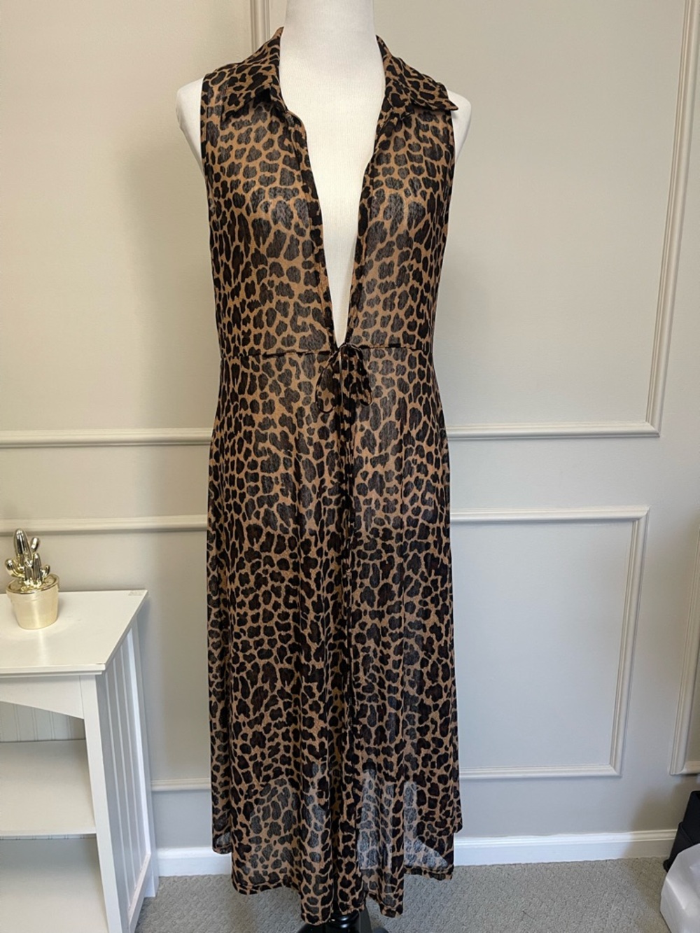 Leopard-Print Sheer Tie-Front Swim Coverup in Brown - Picture 2 of 5